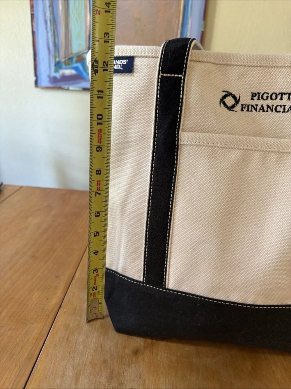 LandsEnd Canvas Pocket Tote Bag Natural Black Open Top Large Beach Pool Bag! - Picture 4 of 11